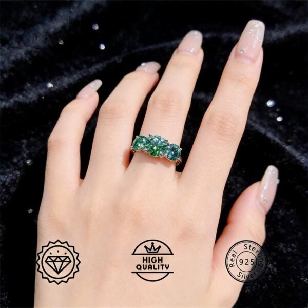 Vintage Moissanite Ring 925 Sterling Silver | 2/4 Carat Round Emerald Three Stone Design, Romantic Engagement Synthetic Jewelry, Anniversary Ring and Sweet Gift, with Moissanite GRA Certificate and Gift Box Packaging
