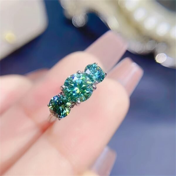 Vintage Moissanite Ring 925 Sterling Silver | 2/4 Carat Round Emerald Three Stone Design, Romantic Engagement Synthetic Jewelry, Anniversary Ring and Sweet Gift, with Moissanite GRA Certificate and Gift Box Packaging