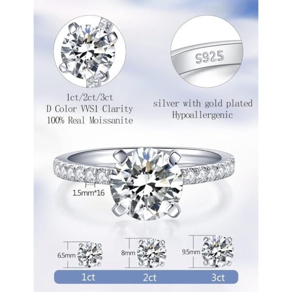 Solitaire Moissanite Engagement Ring, 1CT D Color VVS1 Clarity, 925 Sterling Silver with 18K White Gold Plated, Ideal Gift for Women