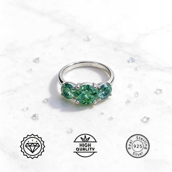 Vintage Moissanite Ring 925 Sterling Silver | 2/4 Carat Round Emerald Three Stone Design, Romantic Engagement Synthetic Jewelry, Anniversary Ring and Sweet Gift, with Moissanite GRA Certificate and Gift Box Packaging